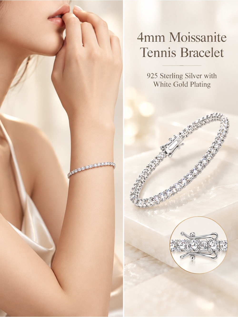 4mm Moissanite Tennis Bracelet - White Gold Plated Sterling Silver